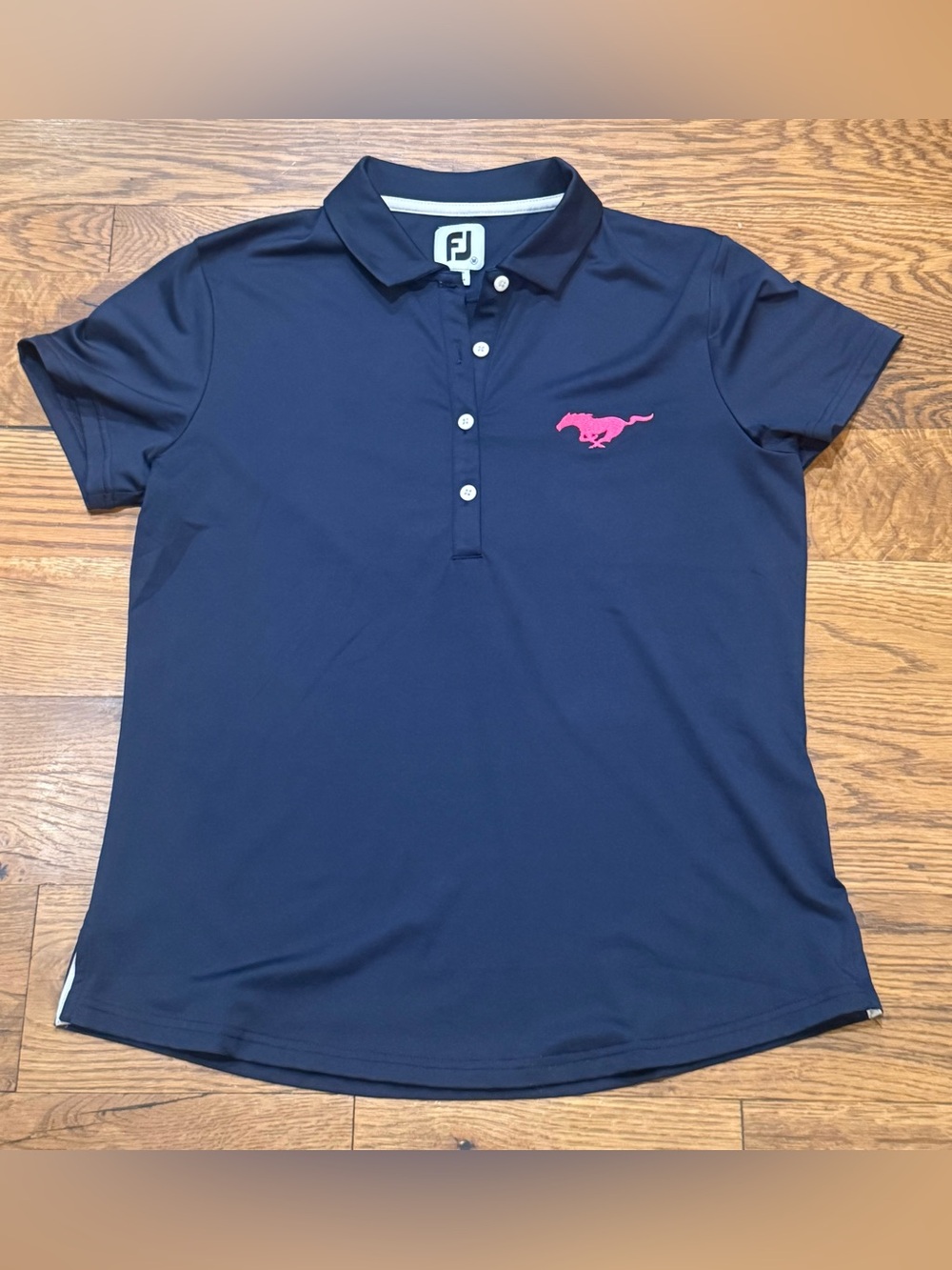 FootJoy. Performance Golf Polo. Navy with Pink Embroidered Mustang. Size Med.